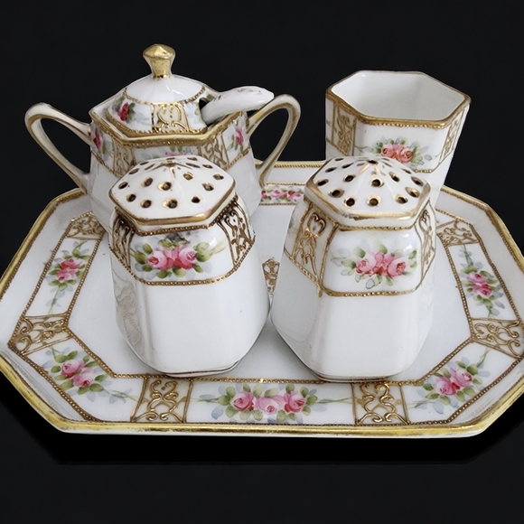 Complete Vintage Nippon Condiment Tray S&P Mustard Pot w Spoon Toothpick Holder - Picture 4 of 16